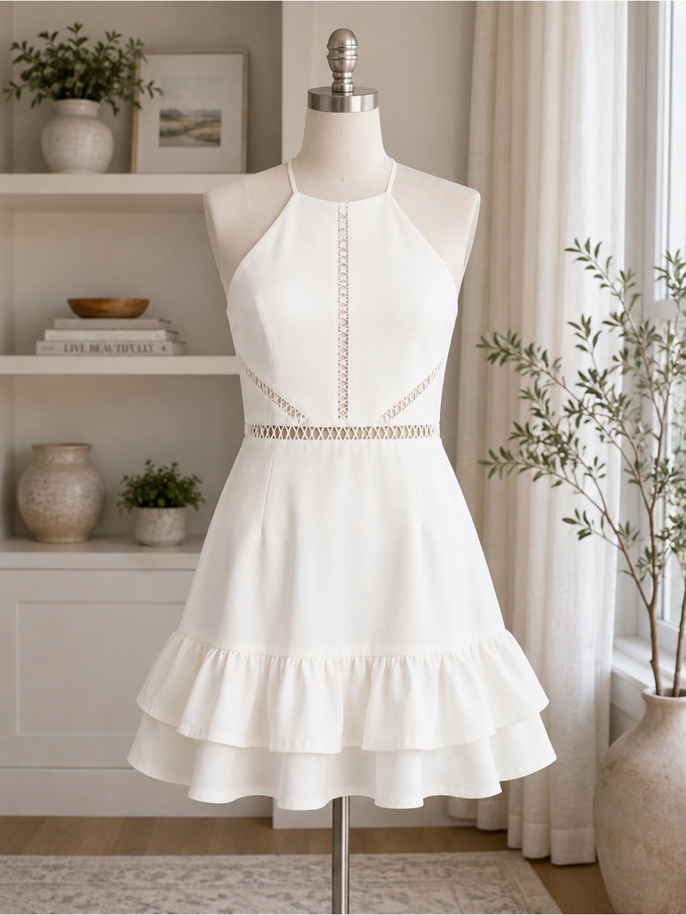 GB Boutique Sz S White Halter Fit Flare Mini Dress Ruffle Hoco Sorority Party